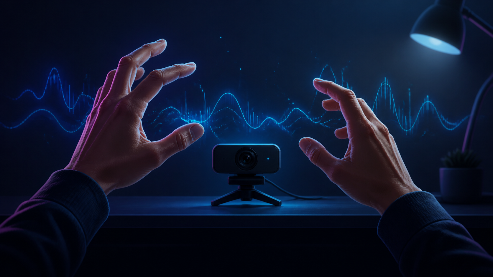 Two hands positioned in front of a webcam with blue sound waves