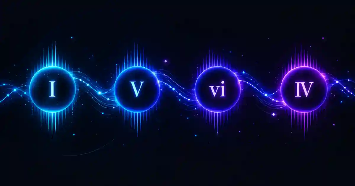 Four glowing Roman numeral chord blocks connected by a synth waveform