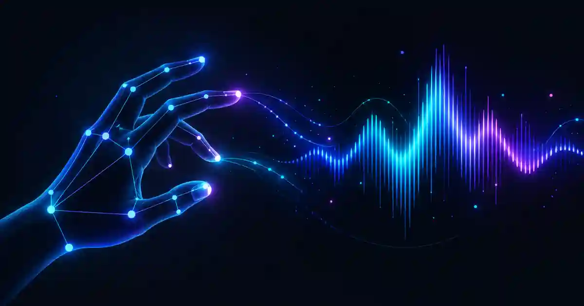 Abstract hand landmark points flowing into a colorful synth waveform
